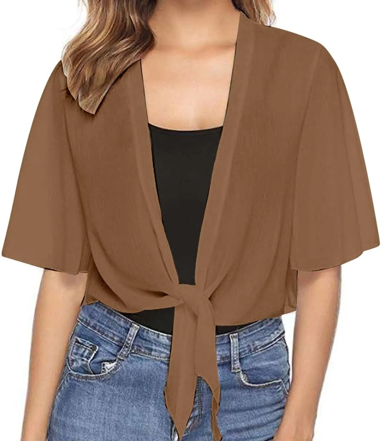 Lightweight Cardigans for Women Chiffon Sheer Shrug Short Sleeve tie Front Cardigan Summer Cropped Cardigan