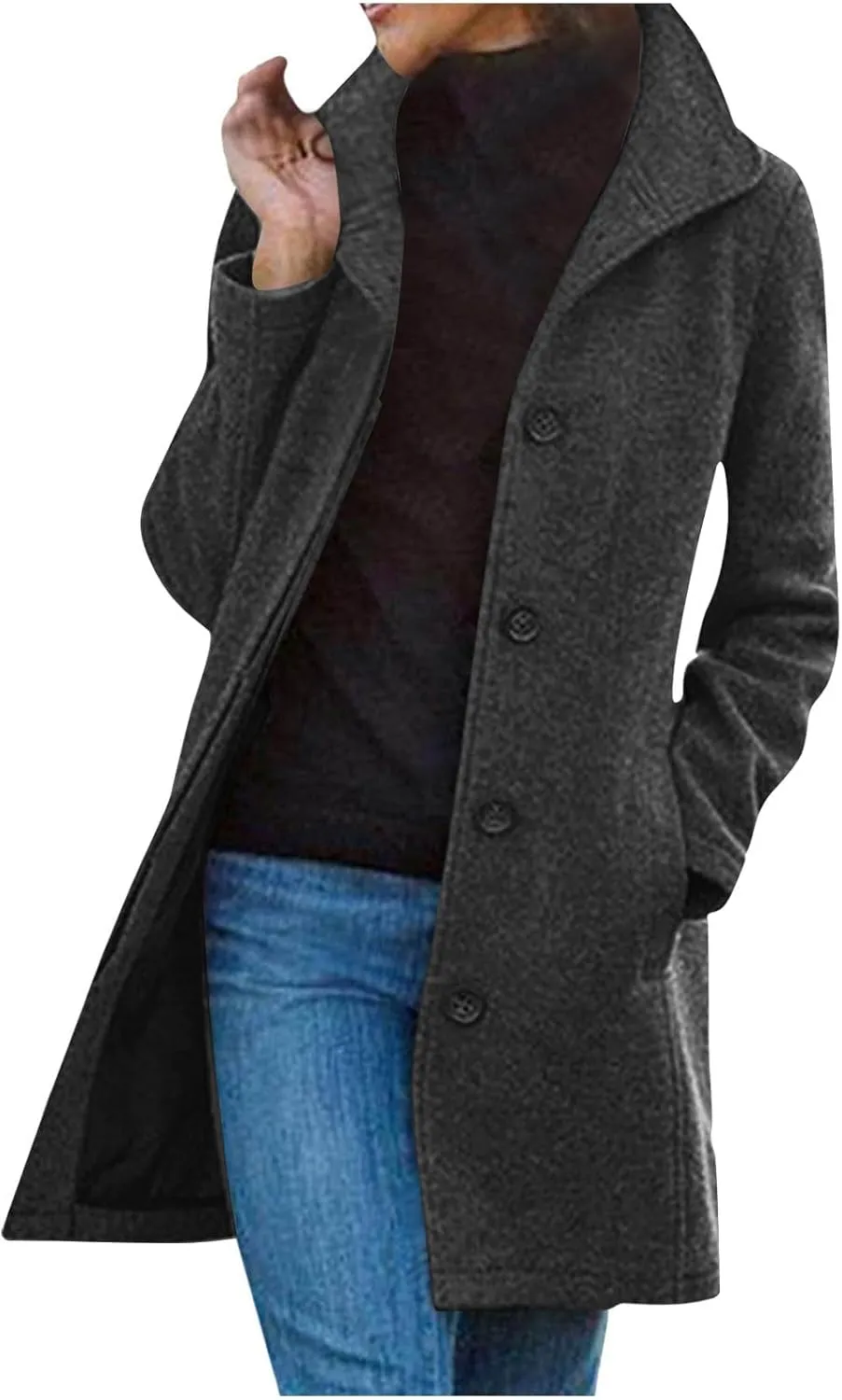 Lmdudan Long Pea Coats for Women Winter Stand Collar Single Breasted Wool Coats Wool Blend Peacoat Thicken Blazer Jackets