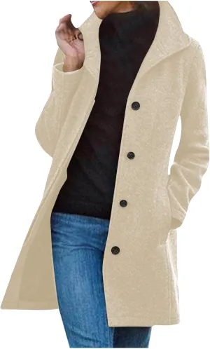 Lmdudan Long Pea Coats for Women Winter Stand Collar Single Breasted Wool Coats Wool Blend Peacoat Thicken Blazer Jackets