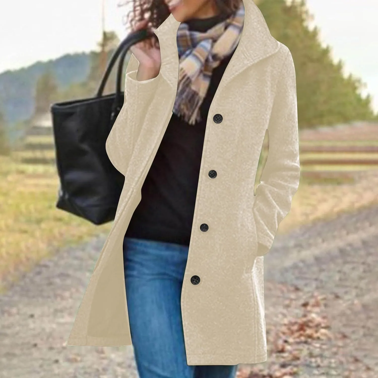 Lmdudan Long Pea Coats for Women Winter Stand Collar Single Breasted Wool Coats Wool Blend Peacoat Thicken Blazer Jackets