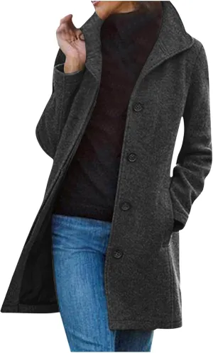 Lmdudan Long Pea Coats for Women Winter Stand Collar Single Breasted Wool Coats Wool Blend Peacoat Thicken Blazer Jackets