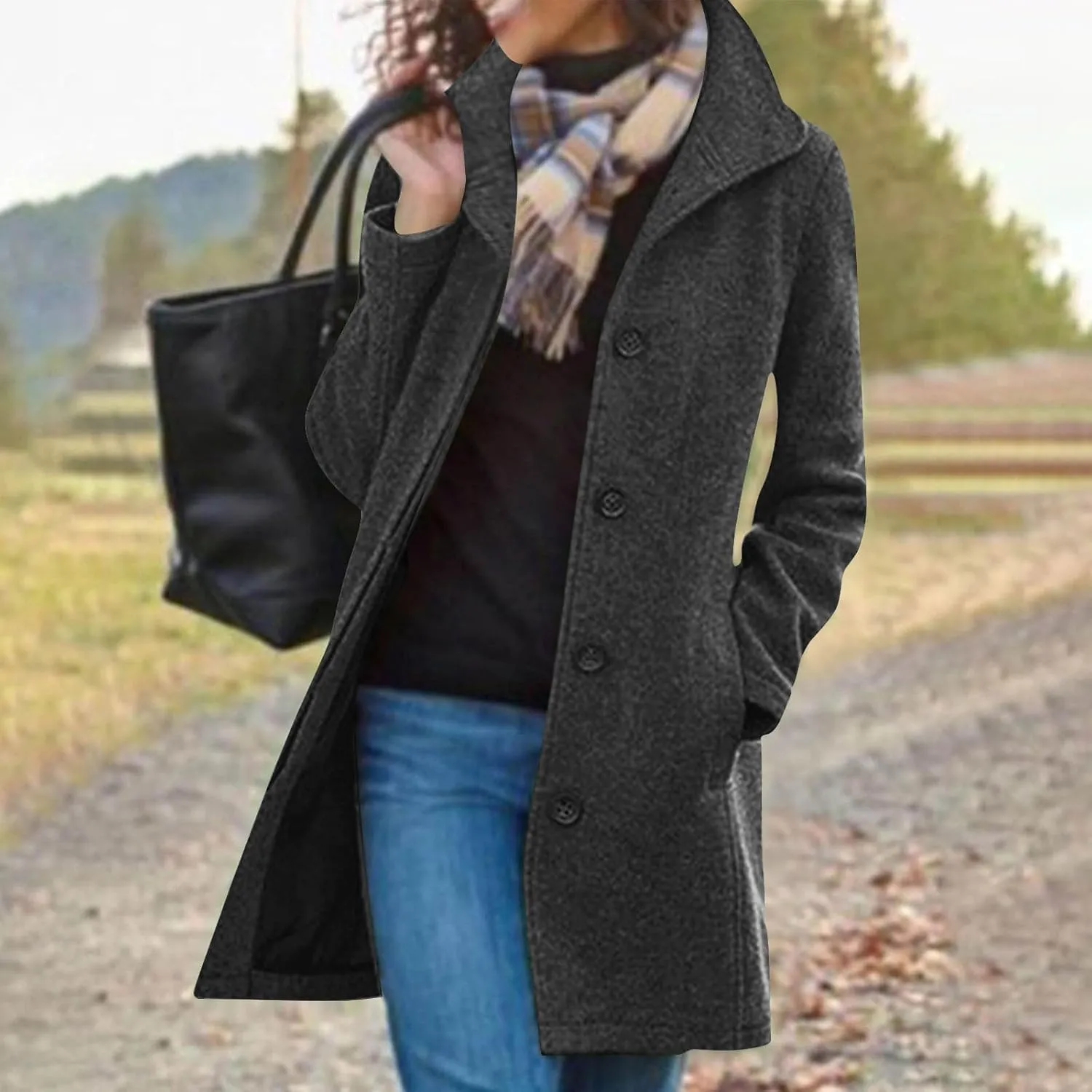 Lmdudan Long Pea Coats for Women Winter Stand Collar Single Breasted Wool Coats Wool Blend Peacoat Thicken Blazer Jackets