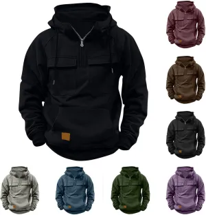 Lmdudan Mens Quarter Zip Pullover Hoodies with Cargo Pockets Tactical Hooded Sweatshirt Vintage Jacket Coats 2024 Fall Winter