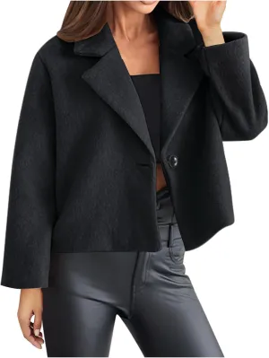 Lmdudan Women Wool Blend Cropped Pea Coats Single Breasted Notched Lapel Long Sleeve Jacket Casual Button Down Trench Coat
