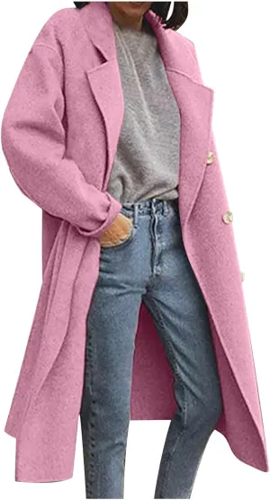 Lmdudan Women's Classic Notched Collar Open Front Cardigan Wool Blend Warm Long Trench Coat Lightweight Fall Outdoor Coats