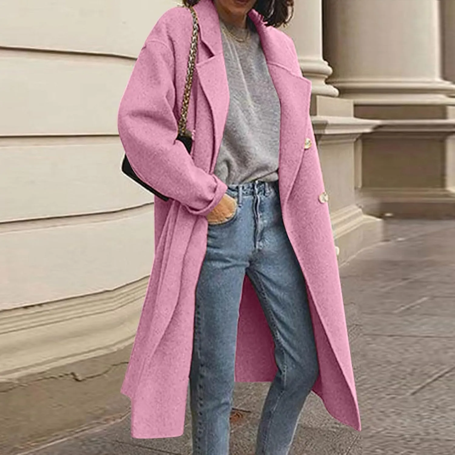 Lmdudan Women's Classic Notched Collar Open Front Cardigan Wool Blend Warm Long Trench Coat Lightweight Fall Outdoor Coats