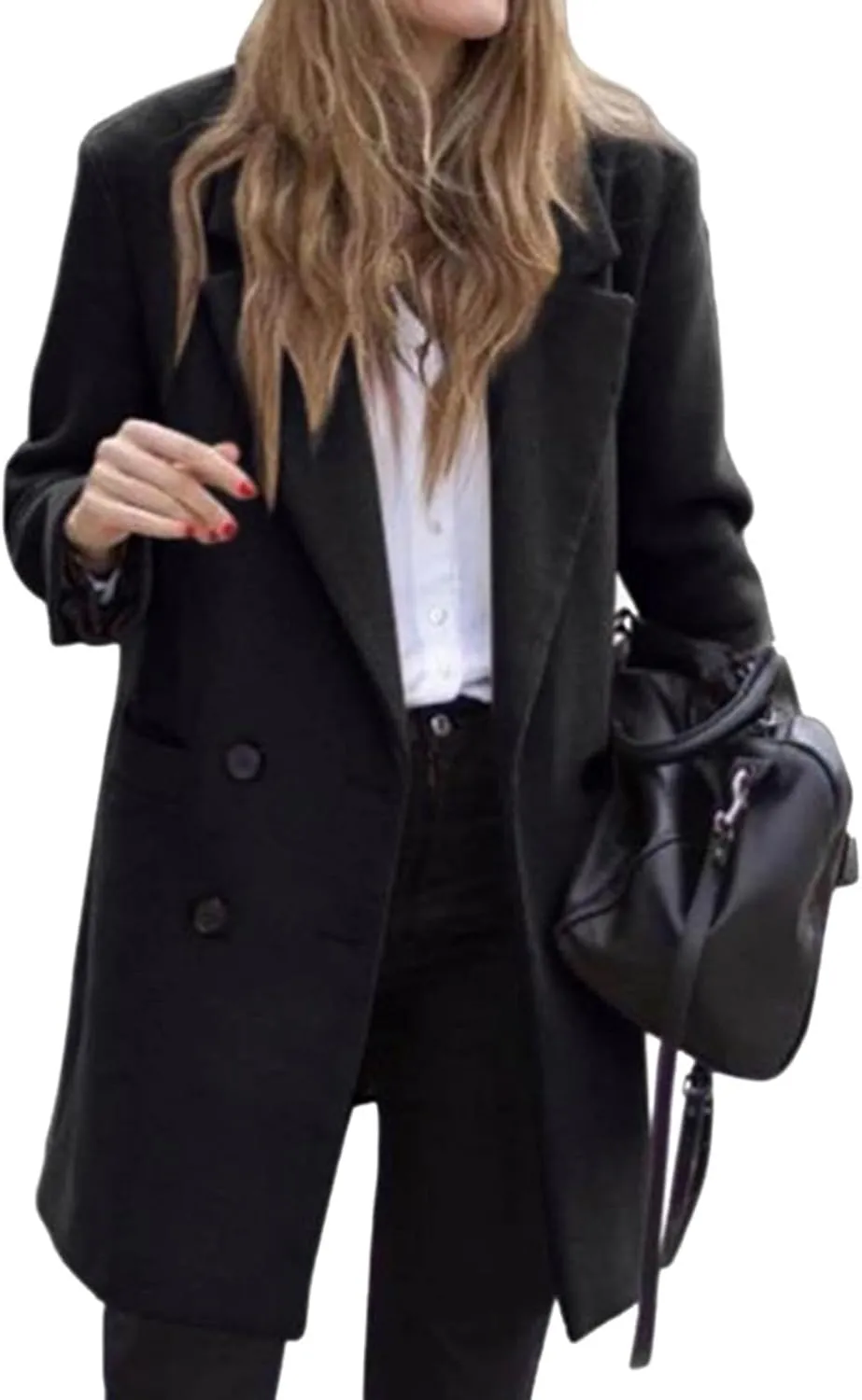 Lmdudan Women's Wool Blend Coats Notch Lapel Double Breasted Mid Long Pea Coat Fashion Solid Color Coat Jacket with Pockets