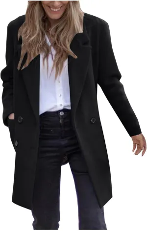 Lmdudan Women's Wool Blend Coats Notch Lapel Double Breasted Mid Long Pea Coat Fashion Solid Color Coat Jacket with Pockets