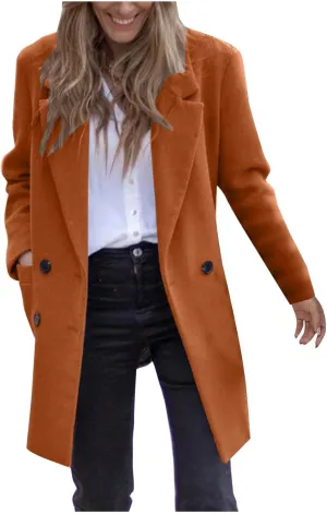 Lmdudan Women's Wool Blend Coats Notch Lapel Double Breasted Mid Long Pea Coat Fashion Solid Color Coat Jacket with Pockets