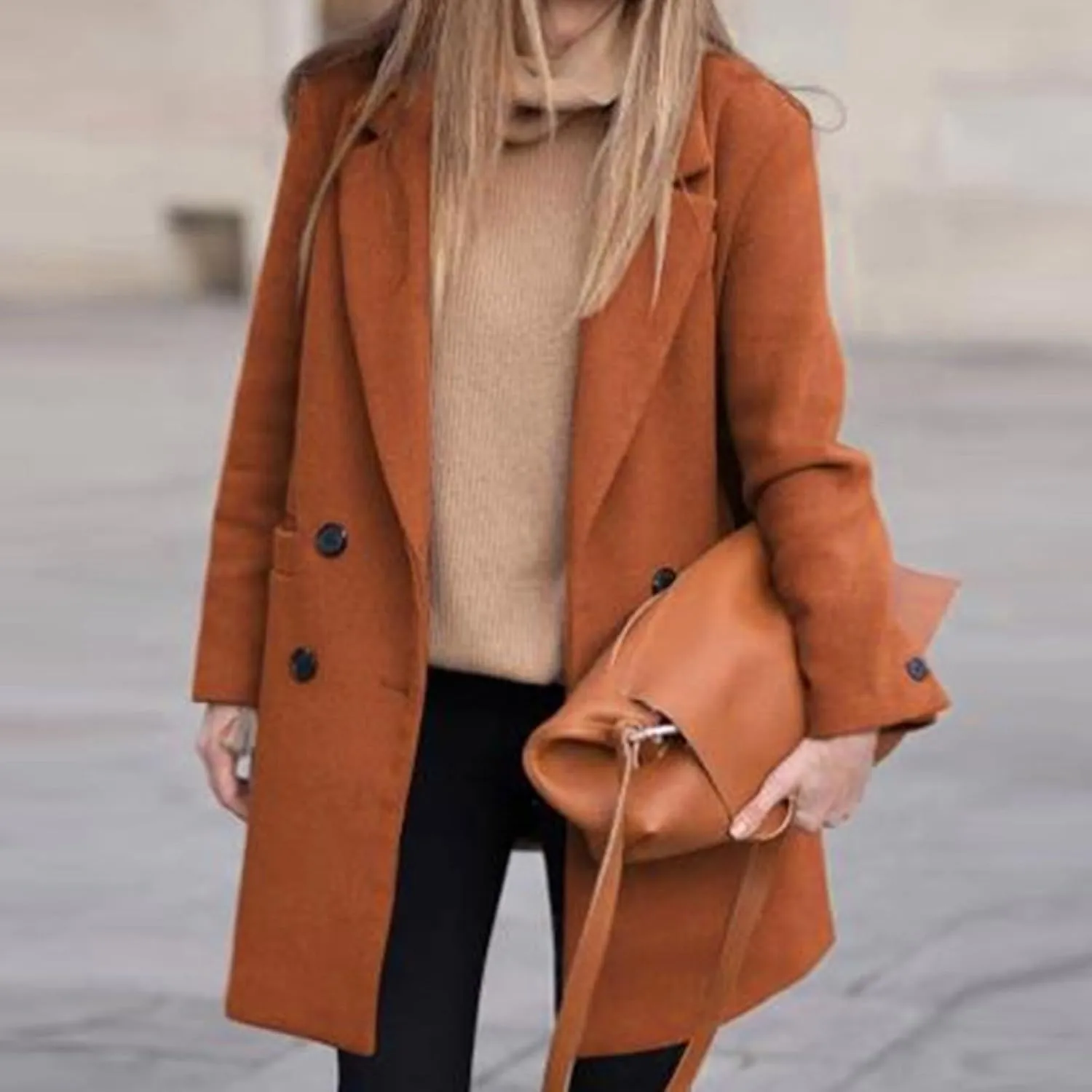 Lmdudan Women's Wool Blend Coats Notch Lapel Double Breasted Mid Long Pea Coat Fashion Solid Color Coat Jacket with Pockets