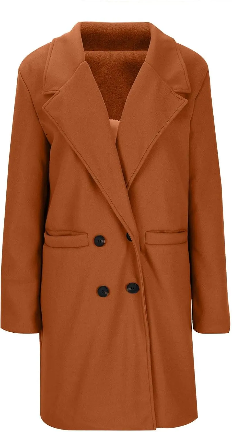 Lmdudan Women's Wool Blend Coats Notch Lapel Double Breasted Mid Long Pea Coat Fashion Solid Color Coat Jacket with Pockets