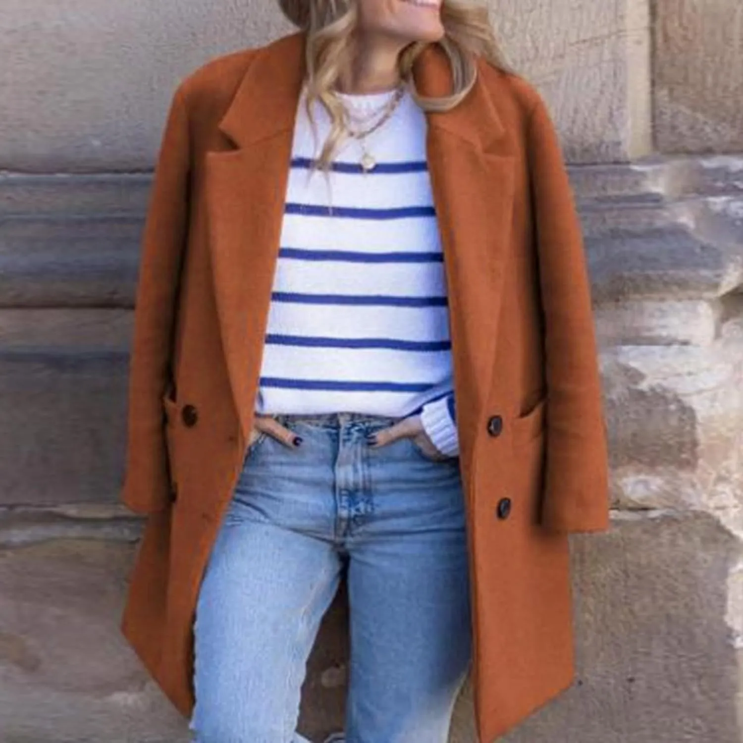 Lmdudan Women's Wool Blend Coats Notch Lapel Double Breasted Mid Long Pea Coat Fashion Solid Color Coat Jacket with Pockets