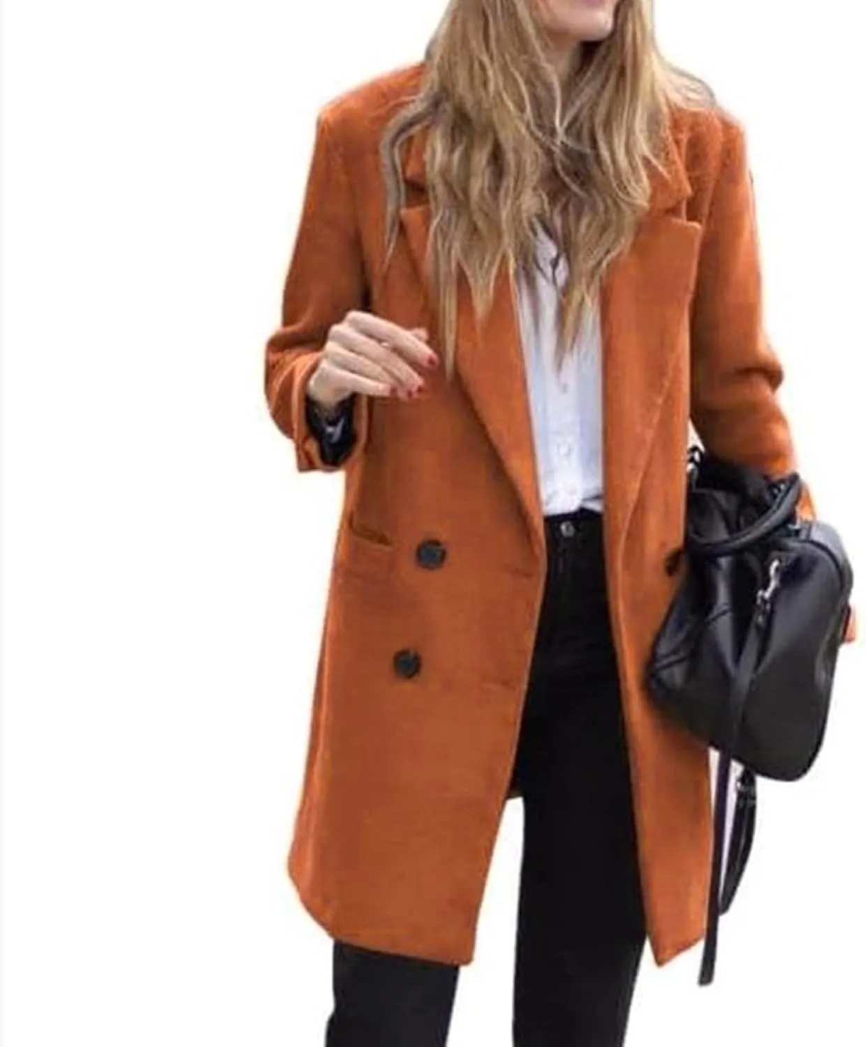 Lmdudan Women's Wool Blend Coats Notch Lapel Double Breasted Mid Long Pea Coat Fashion Solid Color Coat Jacket with Pockets