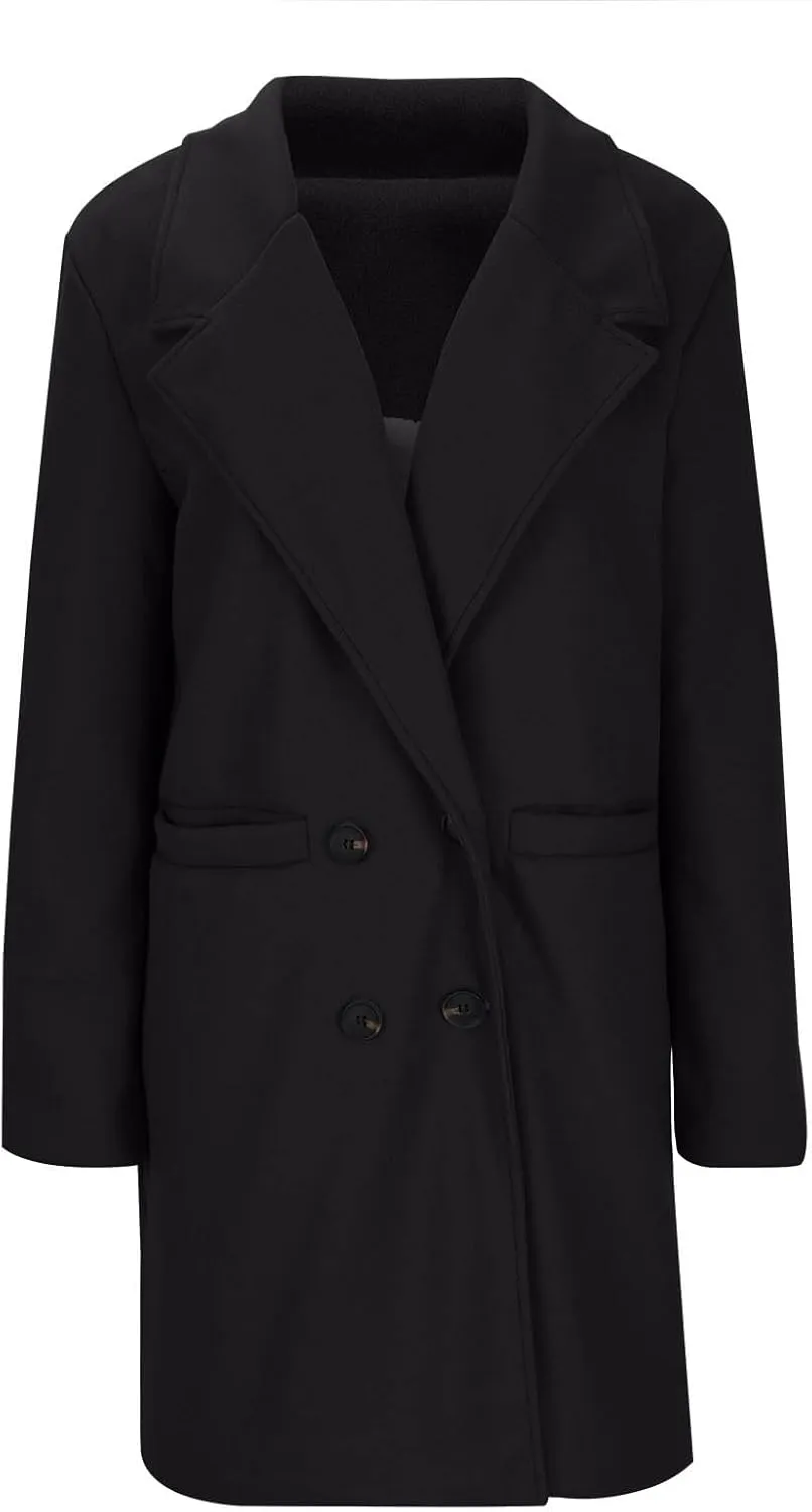 Lmdudan Women's Wool Blend Coats Notch Lapel Double Breasted Mid Long Pea Coat Fashion Solid Color Coat Jacket with Pockets