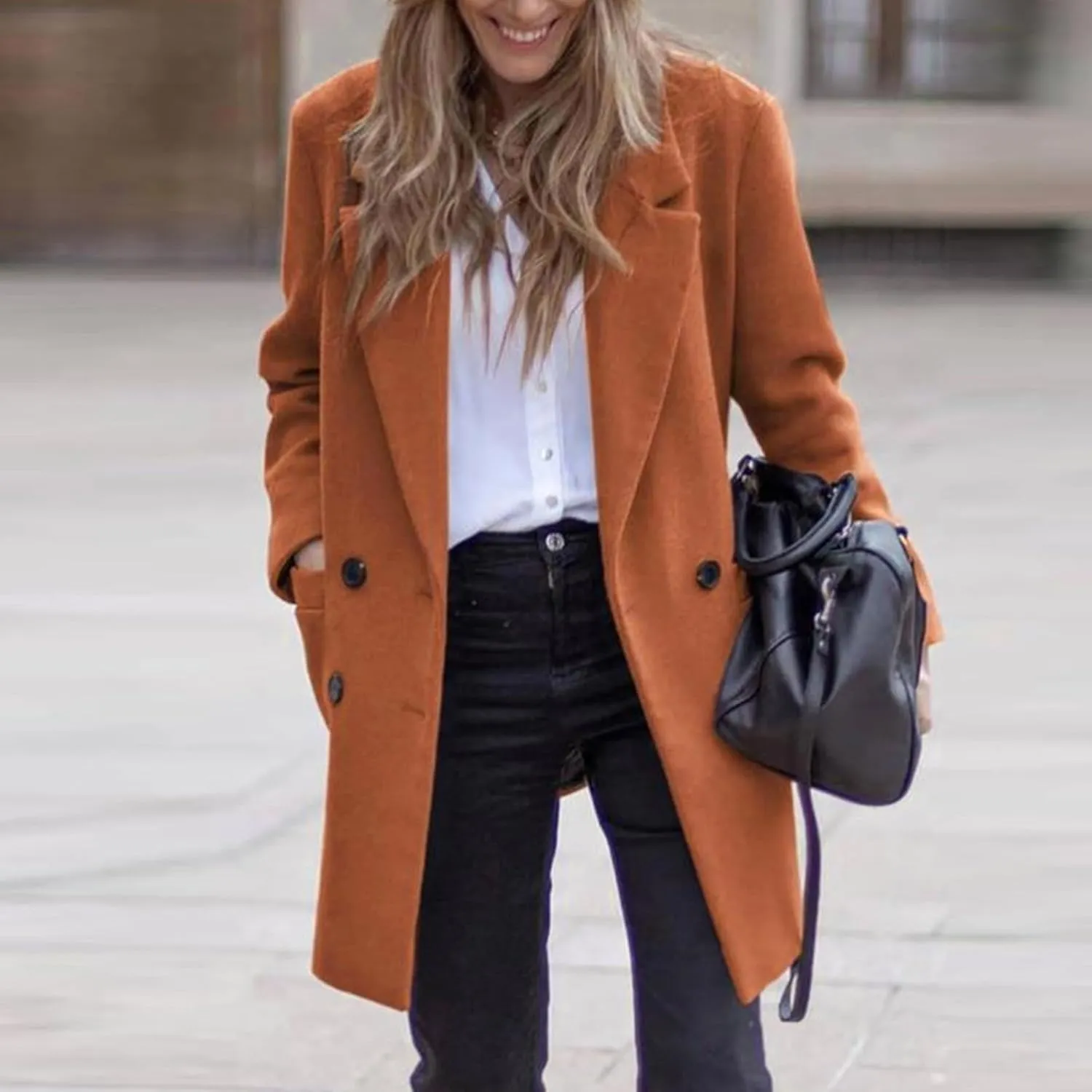 Lmdudan Women's Wool Blend Coats Notch Lapel Double Breasted Mid Long Pea Coat Fashion Solid Color Coat Jacket with Pockets
