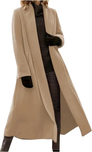 Lmdudan Wool Blend Coat for Women Elegant Shawl Collar Open Front Coats Formal Work Mid Long Winter Pea Coat Outwear Tops