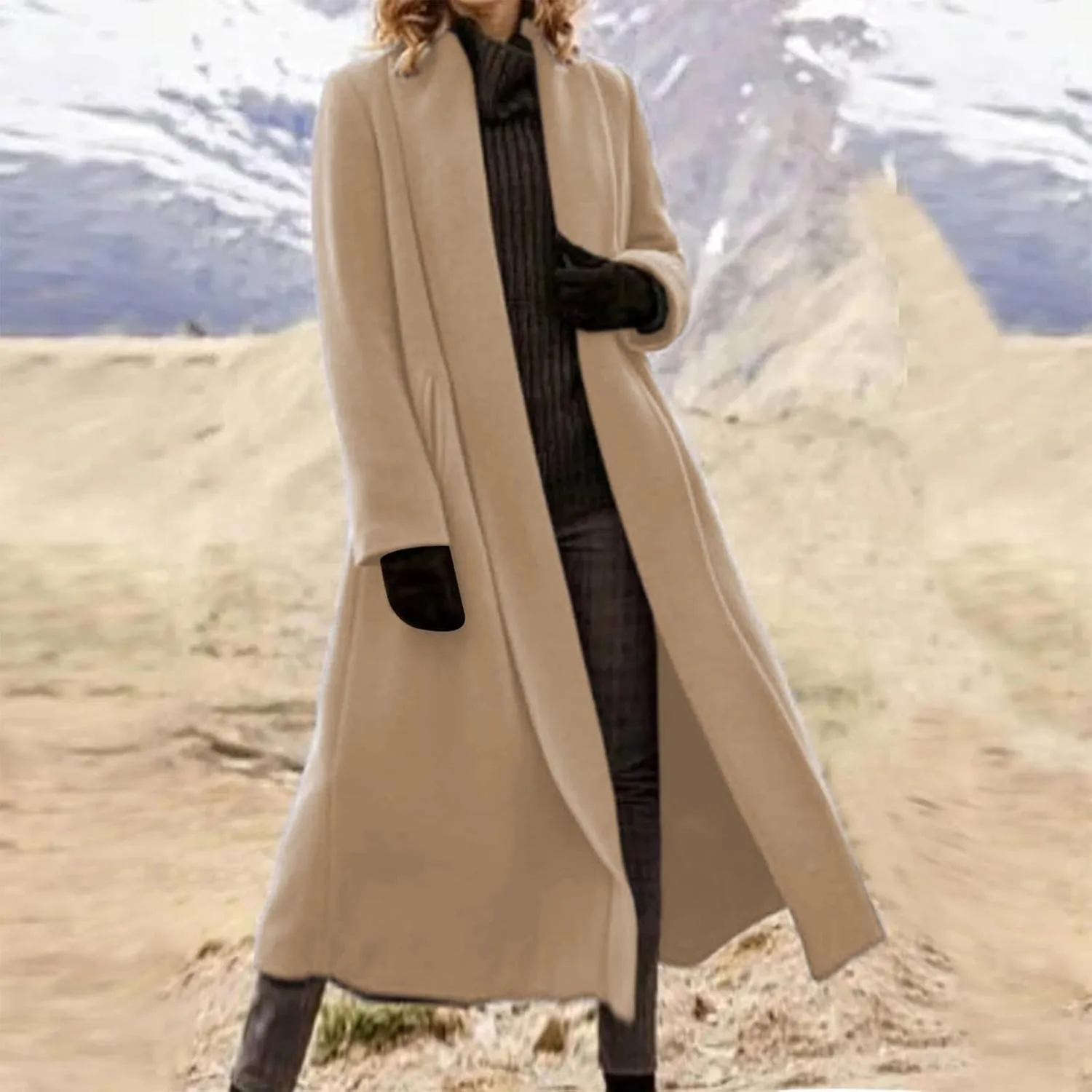 Lmdudan Wool Blend Coat for Women Elegant Shawl Collar Open Front Coats Formal Work Mid Long Winter Pea Coat Outwear Tops