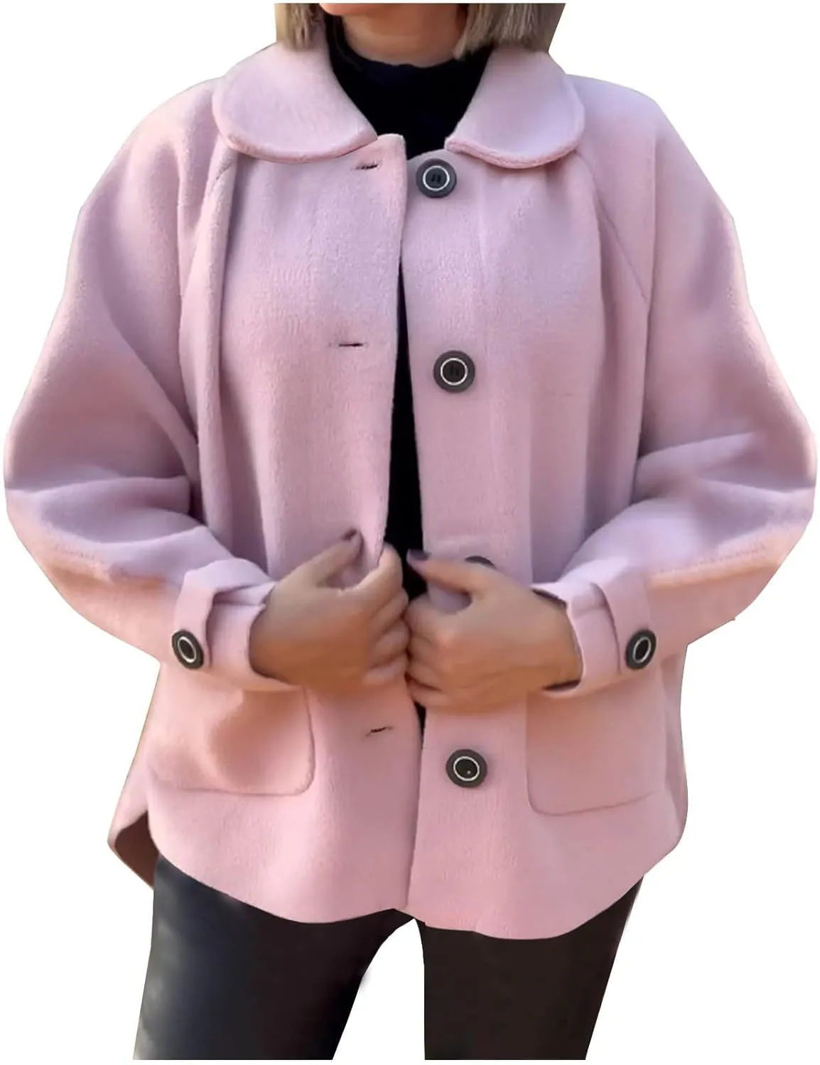 Lmdudan Wool Shacket Jacket for Women Oversized Long Sleeve Pea Coat Jackets Button Down Wool Blend Coats with Pocket