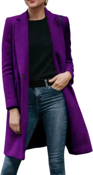 Long Coat Women Women's Casual Thicken Wool Blend Lapel Collar Single Breasted Pea Coat Fall Winter Fashion Loose Fit Trench Jackets Purple Xx-Large
