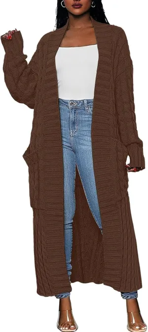 Long Open Front Cardigan for Women Cable Knit Sweaters Soft Warm Chunky Sweater Coats for Daily Casual Wear
