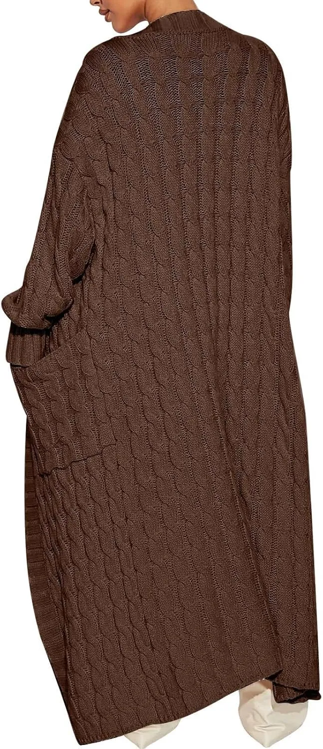 Long Open Front Cardigan for Women Cable Knit Sweaters Soft Warm Chunky Sweater Coats for Daily Casual Wear