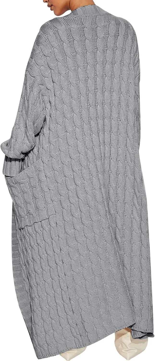Long Open Front Cardigan for Women Cable Knit Sweaters Soft Warm Chunky Sweater Coats for Daily Casual Wear