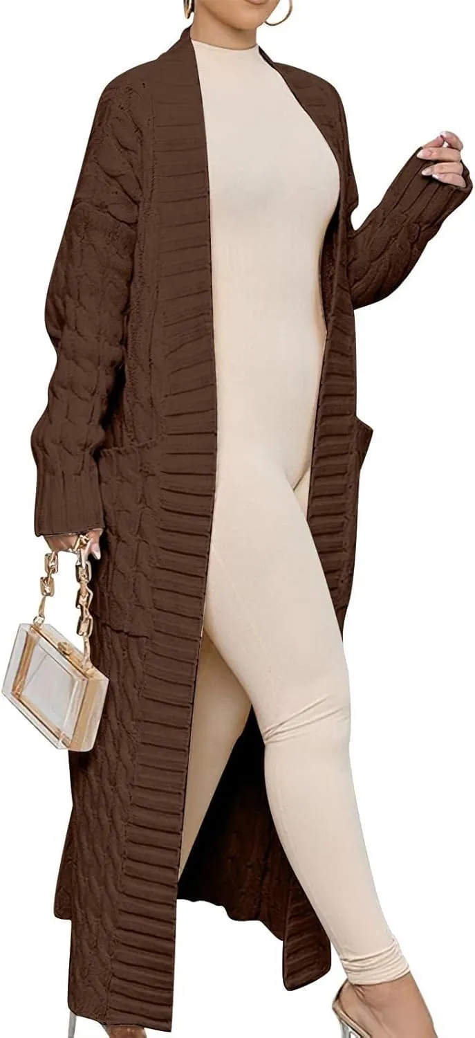 Long Open Front Cardigan for Women Cable Knit Sweaters Soft Warm Chunky Sweater Coats for Daily Casual Wear