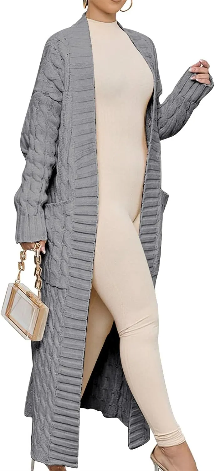 Long Open Front Cardigan for Women Cable Knit Sweaters Soft Warm Chunky Sweater Coats for Daily Casual Wear