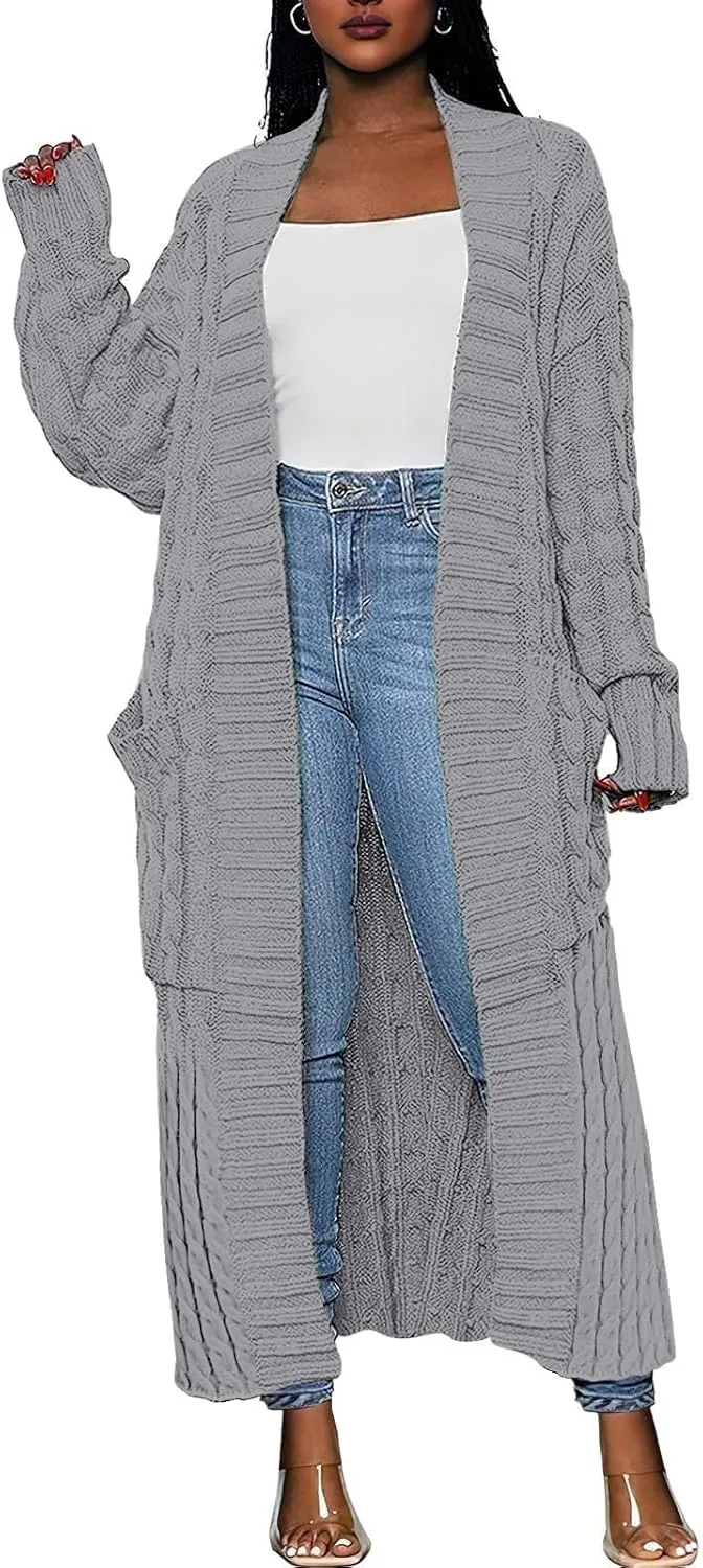 Long Open Front Cardigan for Women Cable Knit Sweaters Soft Warm Chunky Sweater Coats for Daily Casual Wear