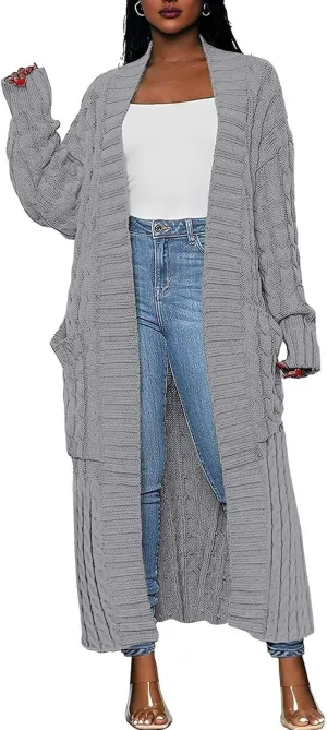Long Open Front Cardigan for Women Cable Knit Sweaters Soft Warm Chunky Sweater Coats for Daily Casual Wear