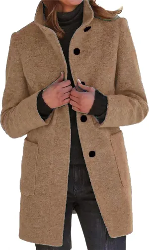 Long Pea Coats for Women Winter Stand Collar Single Breasted Wool Coats Wool Blend Peacoat Thicken Blazer Jacket