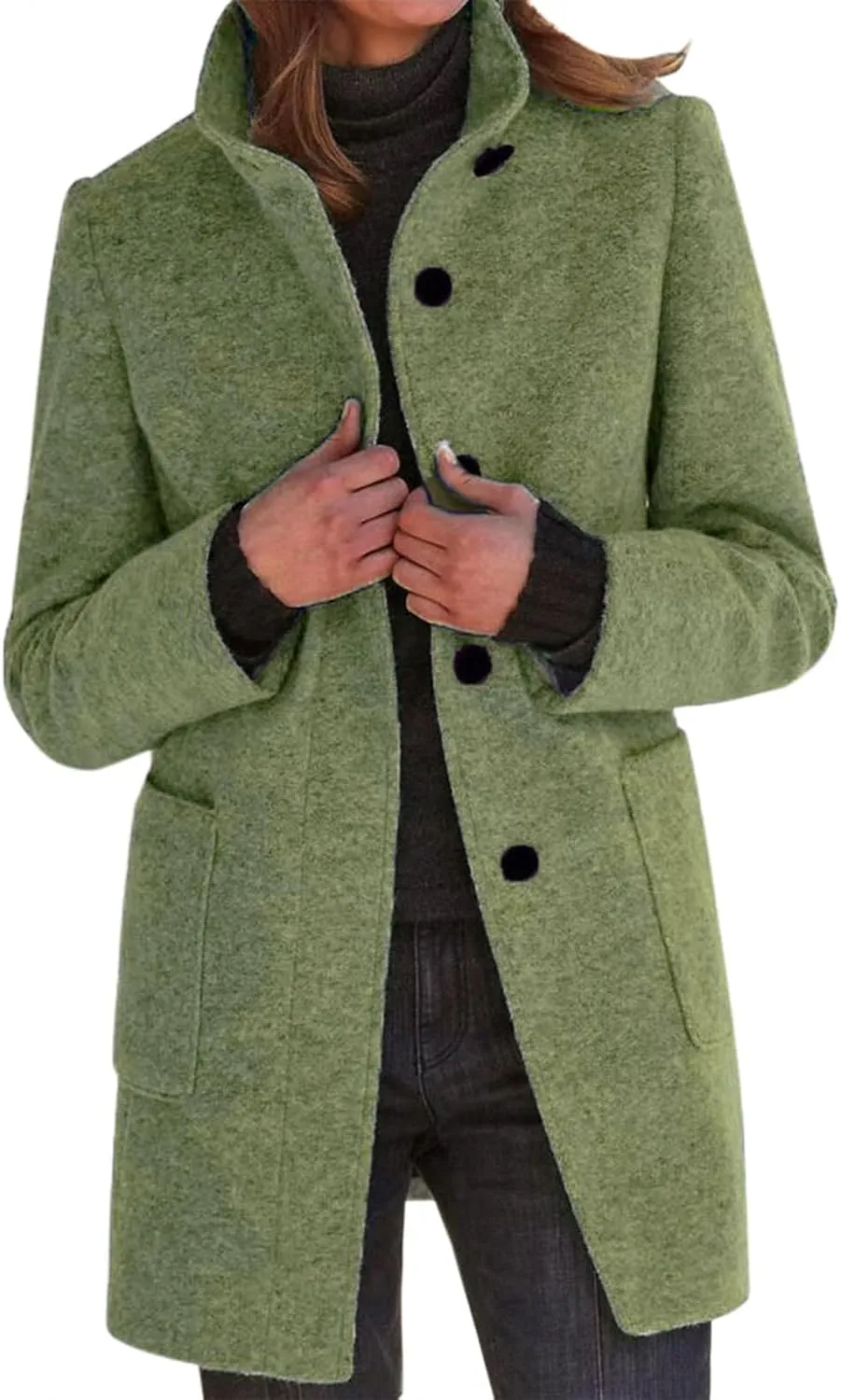 Long Pea Coats for Women Winter Stand Collar Single Breasted Wool Coats Wool Blend Peacoat Thicken Blazer Jacket