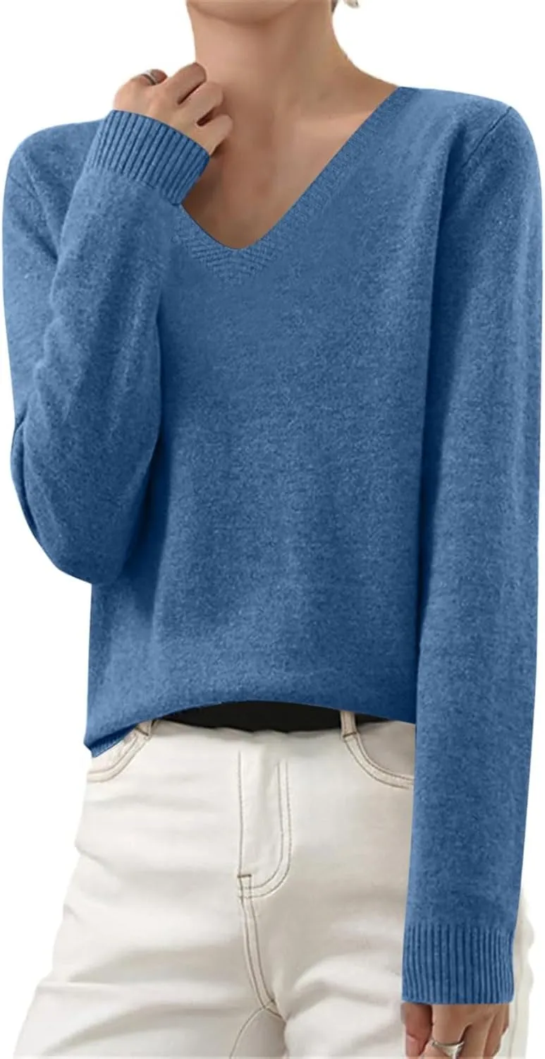 Long Sleeve Sweaters for Women Sexy v Neck Lightweight Knitted Sweater Tops Casual Loose Soft Pullover Jumper