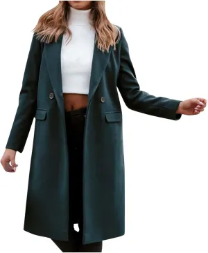 Long Trench Coat for Women Soft Wool Lapel Double Breasted Pea Coat Casual Business Solid Outwear Winter Fall Essentials