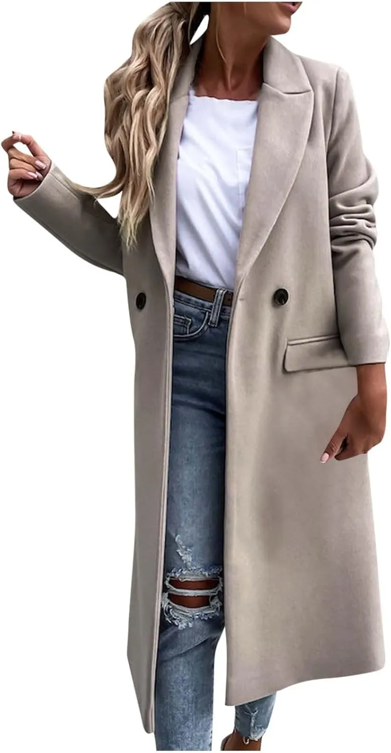 Long Trench Coat for Women Soft Wool Lapel Double Breasted Pea Coat Casual Business Solid Outwear Winter Fall Essentials