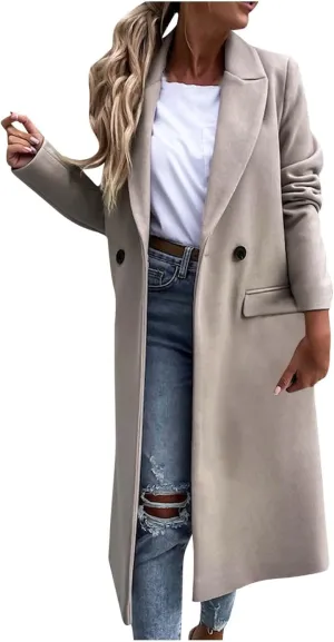 Long Trench Coat for Women Soft Wool Lapel Double Breasted Pea Coat Casual Business Solid Outwear Winter Fall Essentials