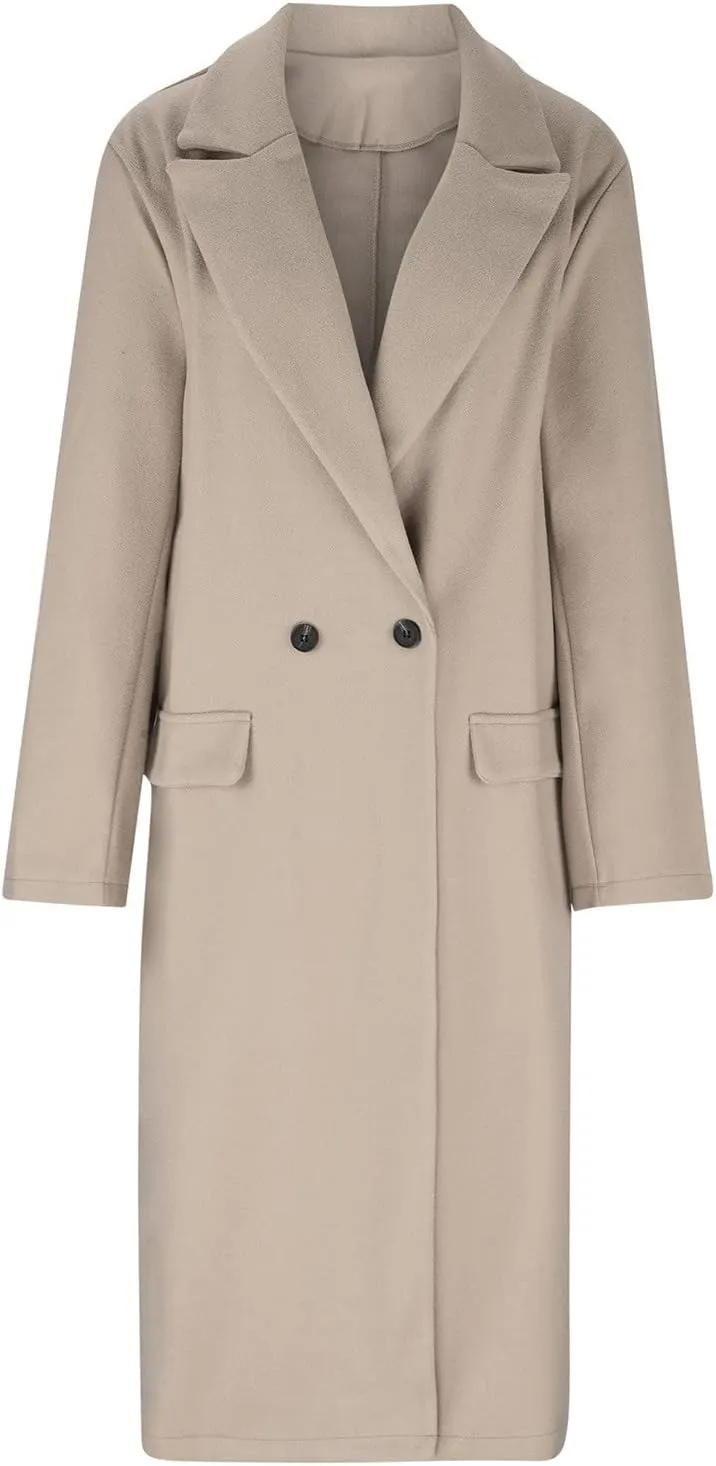 Long Trench Coat for Women Soft Wool Lapel Double Breasted Pea Coat Casual Business Solid Outwear Winter Fall Essentials