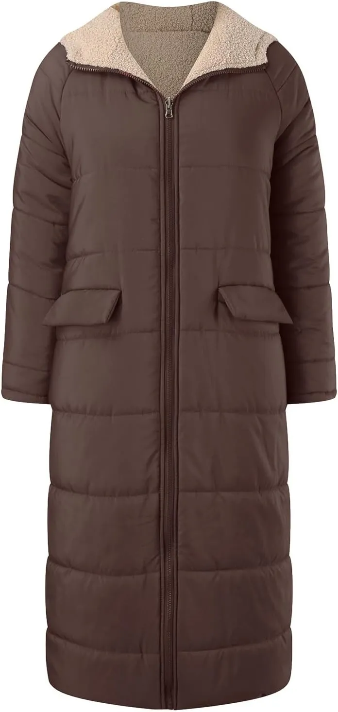 Long Winter Coats for Women Casual Long Sleeve Zip Up Puffer Jacket Plus Size Warm Outwear Trendy Reversible Teddy Coat