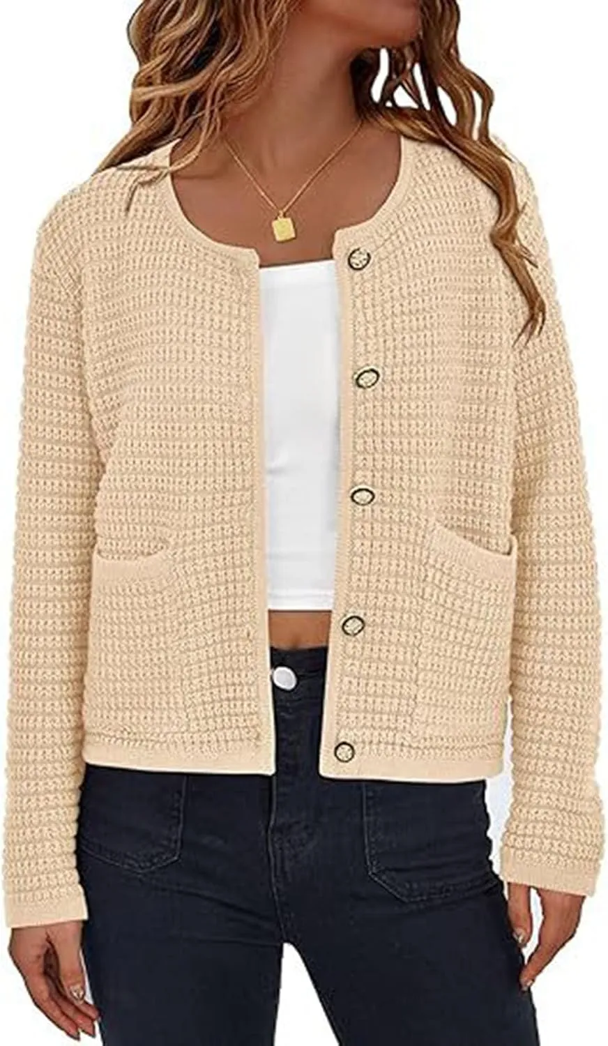 Lpmadey Women's 2024 Fall Casual Long Sleeve Button Down Open Front Cable Knit Cardigan Sweater Coat Jackets with Pockets