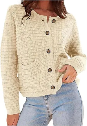 Lpmadey Women's 2024 Fall Casual Long Sleeve Button Down Open Front Cable Knit Cardigan Sweater Coat Jackets with Pockets