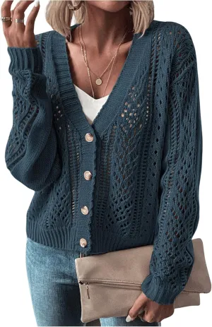MakeMeChic Women's Cardigans Sweaters Cable Knitted Long Sleeve Button Front Fall Cardigan