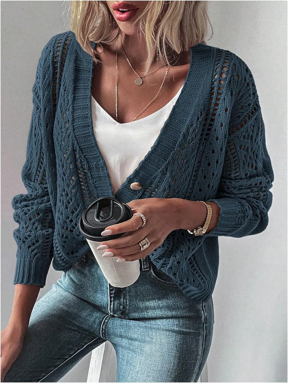 MakeMeChic Women's Cardigans Sweaters Cable Knitted Long Sleeve Button Front Fall Cardigan