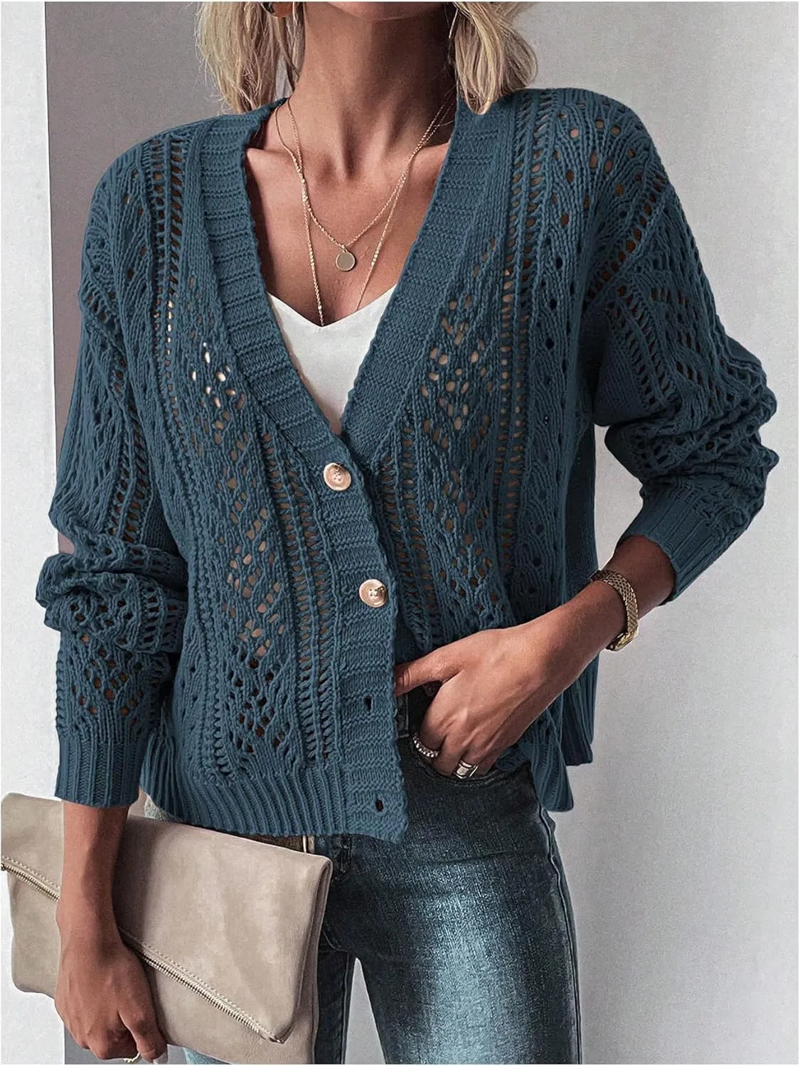 MakeMeChic Women's Cardigans Sweaters Cable Knitted Long Sleeve Button Front Fall Cardigan