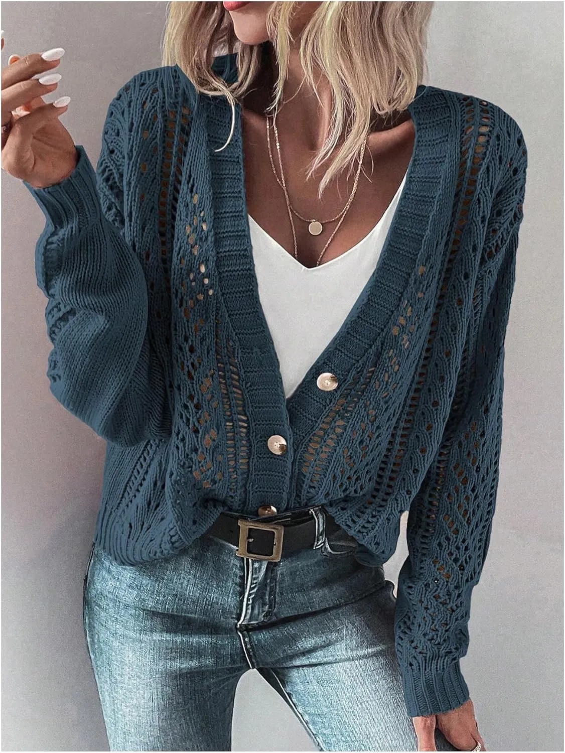MakeMeChic Women's Cardigans Sweaters Cable Knitted Long Sleeve Button Front Fall Cardigan