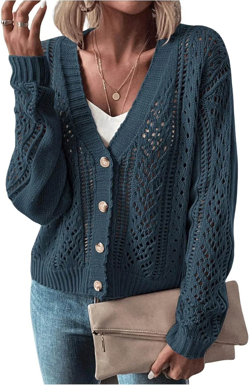 MakeMeChic Women's Cardigans Sweaters Cable Knitted Long Sleeve Button Front Fall Cardigan