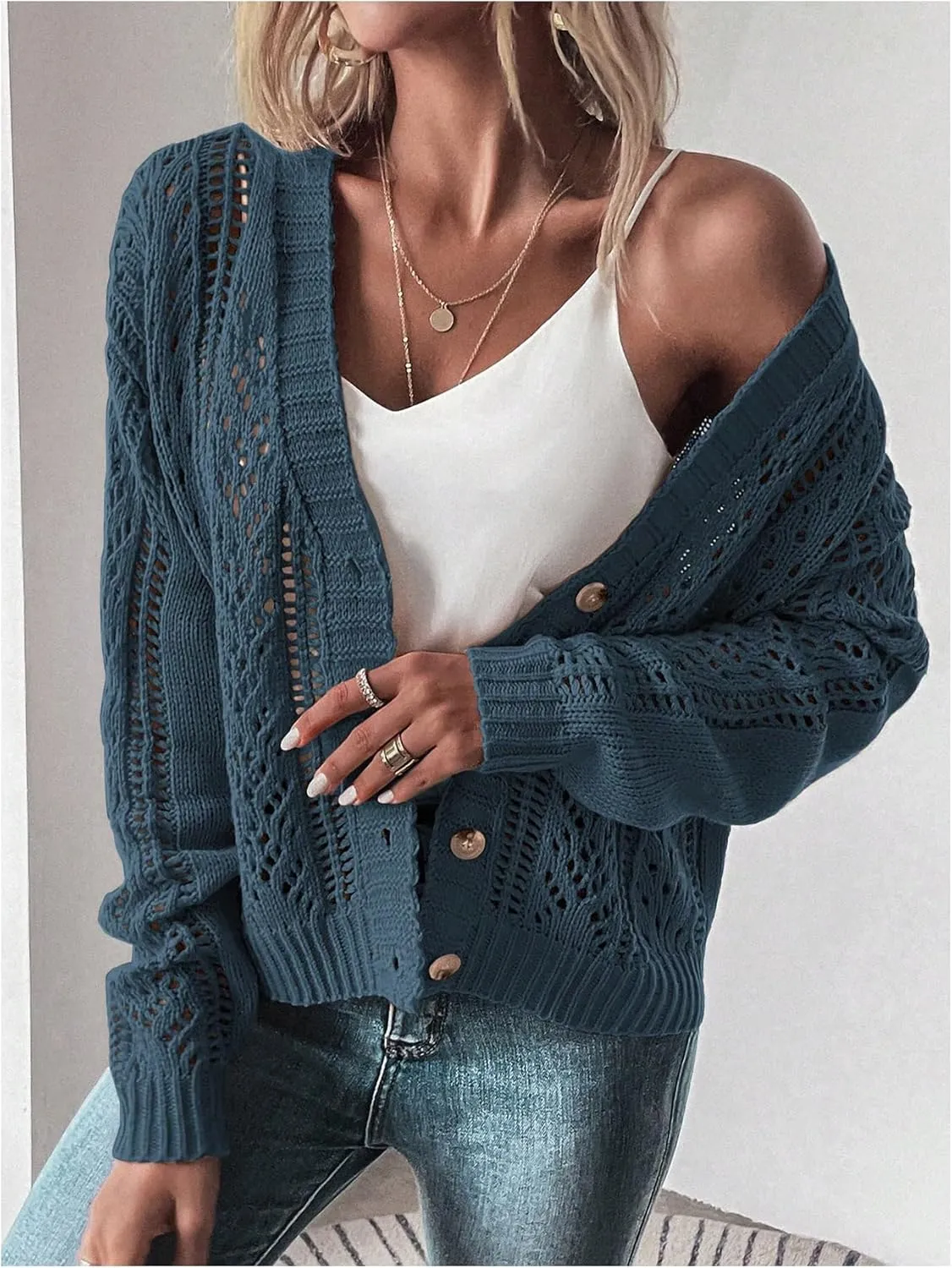 MakeMeChic Women's Cardigans Sweaters Cable Knitted Long Sleeve Button Front Fall Cardigan