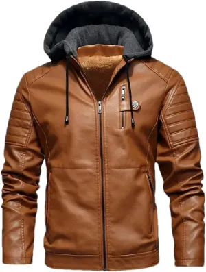 Men Hooded Leather Jackets Vintage Slim Fit Motorcycle PU Leather Coats Men Fleece Warm Leather Coats