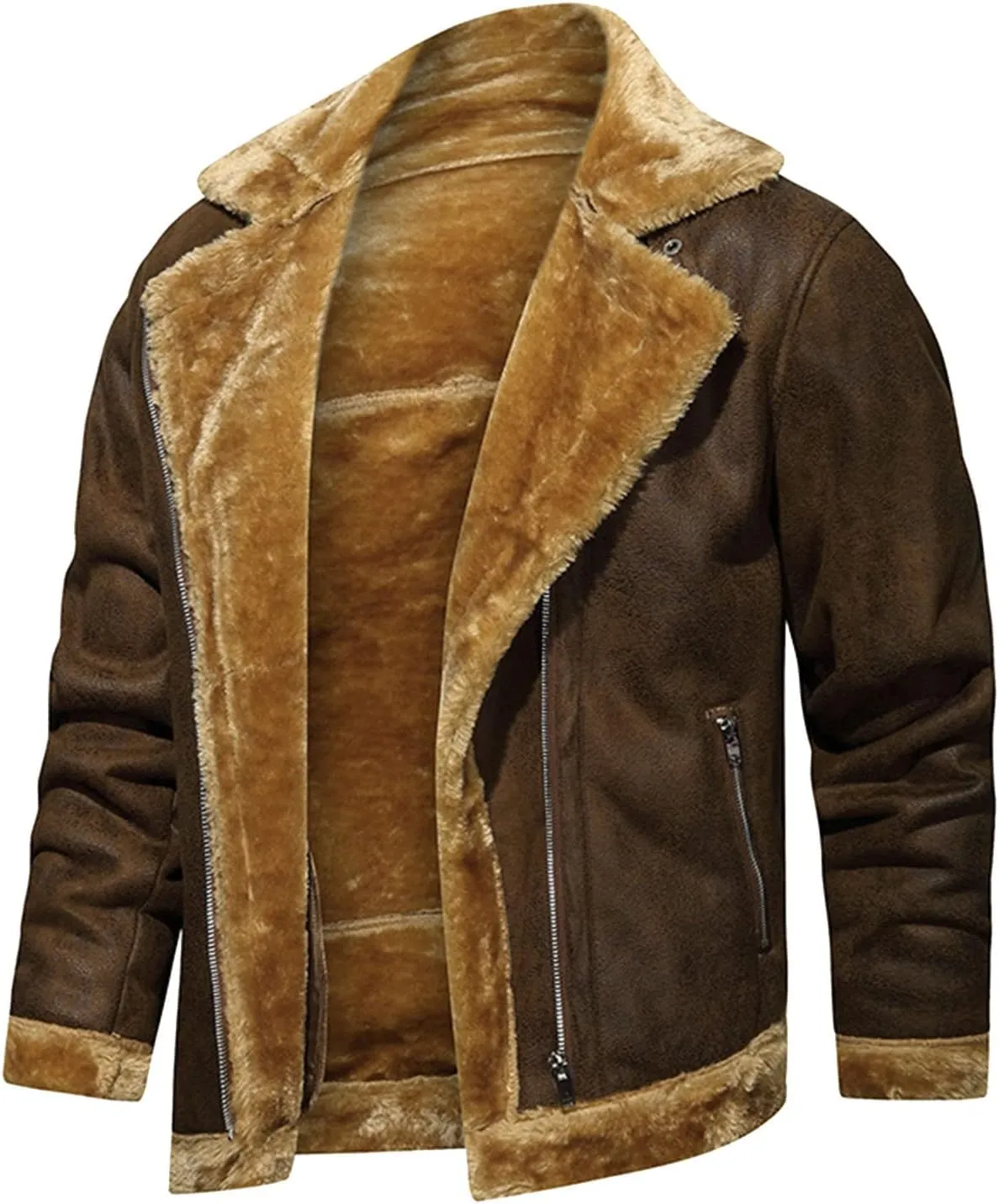 Men Lamb Wool Bomber Jacket Coat Faux Leather Sherpa Fleece Lined Jackets Heavyweight Suede Faux Fur Trench Coats
