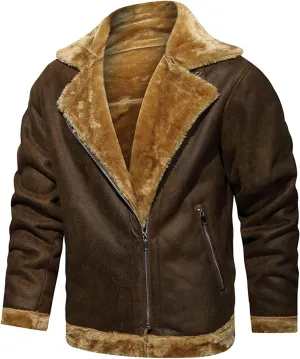 Men Lamb Wool Bomber Jacket Coat Faux Leather Sherpa Fleece Lined Jackets Heavyweight Suede Faux Fur Trench Coats
