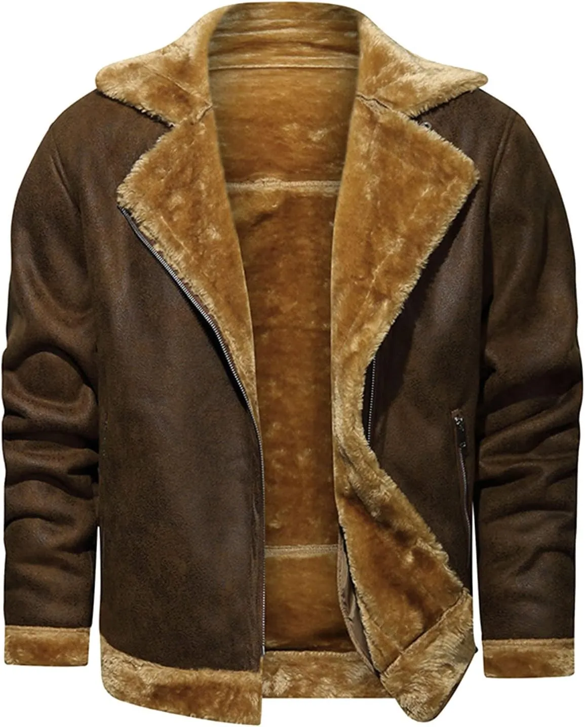 Men Lamb Wool Bomber Jacket Coat Faux Leather Sherpa Fleece Lined Jackets Heavyweight Suede Faux Fur Trench Coats